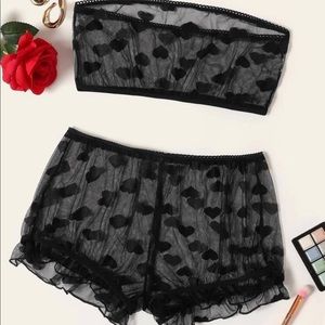 Heart Pattern Frill Trim Sheer Lingerie Set